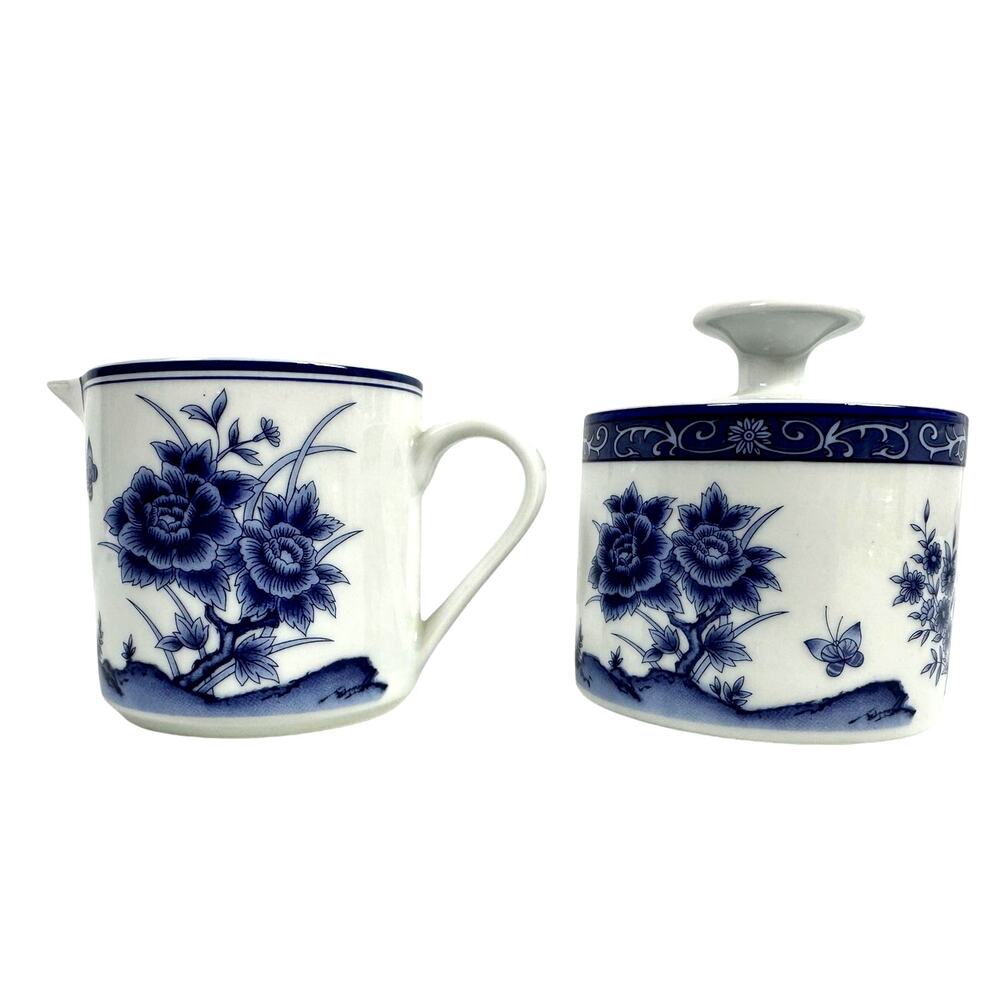 Imari Blossom China Retired Blue White Floral Butterfly Creamer/Sugar Bowl-Rare!